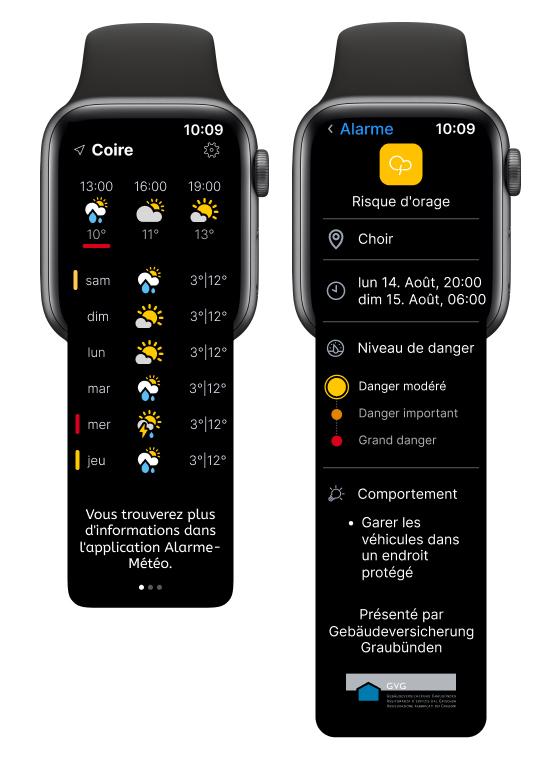 Alarme-Météo Application Apple Watch avec deux écrans