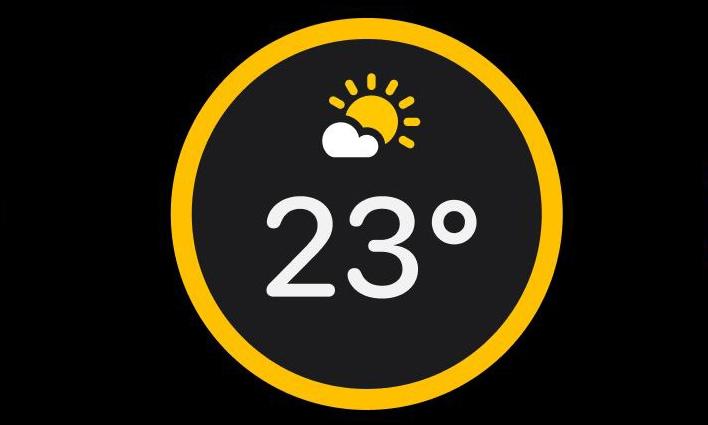 Apple Watch Kreis-Komplikation aktuelles Wetter mit Icon, Temperatur und Alarmhinweis